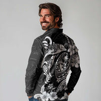 Guam Dolphins Tribal Tattoo Long Sleeve Polo Shirt Polynesian Art and Tropical Flower Grayscale
