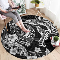 Guam Dolphins Tribal Tattoo Round Carpet Polynesian Art and Tropical Flower Grayscale