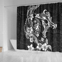 Guam Dolphins Tribal Tattoo Shower Curtain Polynesian Art and Tropical Flower Grayscale