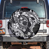Guam Dolphins Tribal Tattoo Spare Tire Cover Polynesian Art and Tropical Flower Grayscale