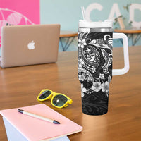 Guam Dolphins Tribal Tattoo Tumbler With Handle Polynesian Art and Tropical Flower Grayscale