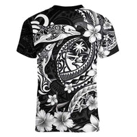 Guam Dolphins Tribal Tattoo Women V-Neck T-Shirt Polynesian Art and Tropical Flower Grayscale