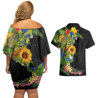 Hawaiian Tropical Plants and Chameleon Couples Matching Off Shoulder Short Dress and Hawaiian Shirt Polynesian Art Colorful LT03 - Polynesian Pride