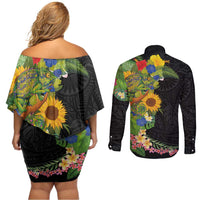 Hawaiian Tropical Plants and Chameleon Couples Matching Off Shoulder Short Dress and Long Sleeve Button Shirt Polynesian Art Colorful LT03 - Polynesian Pride