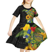 Hawaiian Tropical Plants and Chameleon Kid Short Sleeve Dress Polynesian Art Colorful - Polynesian Pride
