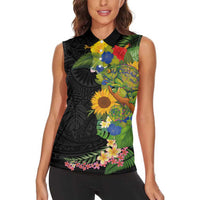Hawaiian Tropical Plants and Chameleon Women Sleeveless Polo Shirt Polynesian Art Colorful - Polynesian Pride