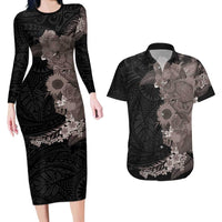 Hawaiian Tropical Plants and Chameleon Couples Matching Long Sleeve Bodycon Dress and Hawaiian Shirt Polynesian Art Grayscale LT03 Black - Polynesian Pride