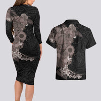 Hawaiian Tropical Plants and Chameleon Couples Matching Long Sleeve Bodycon Dress and Hawaiian Shirt Polynesian Art Grayscale LT03 - Polynesian Pride