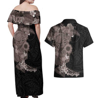 Hawaiian Tropical Plants and Chameleon Couples Matching Off Shoulder Maxi Dress and Hawaiian Shirt Polynesian Art Grayscale LT03 - Polynesian Pride