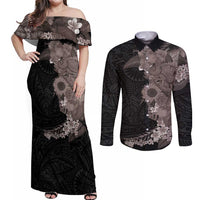 Hawaiian Tropical Plants and Chameleon Couples Matching Off Shoulder Maxi Dress and Long Sleeve Button Shirt Polynesian Art Grayscale LT03 Black - Polynesian Pride