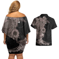 Hawaiian Tropical Plants and Chameleon Couples Matching Off Shoulder Short Dress and Hawaiian Shirt Polynesian Art Grayscale LT03 - Polynesian Pride