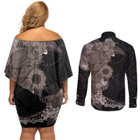 Hawaiian Tropical Plants and Chameleon Couples Matching Off Shoulder Short Dress and Long Sleeve Button Shirt Polynesian Art Grayscale LT03 - Polynesian Pride
