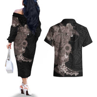 Hawaiian Tropical Plants and Chameleon Couples Matching Off The Shoulder Long Sleeve Dress and Hawaiian Shirt Polynesian Art Grayscale LT03 - Polynesian Pride