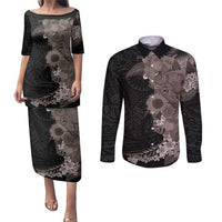 Hawaiian Tropical Plants and Chameleon Couples Matching Puletasi and Long Sleeve Button Shirt Polynesian Art Grayscale LT03 Black - Polynesian Pride