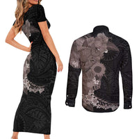 Hawaiian Tropical Plants and Chameleon Couples Matching Short Sleeve Bodycon Dress and Long Sleeve Button Shirt Polynesian Art Grayscale LT03 - Polynesian Pride