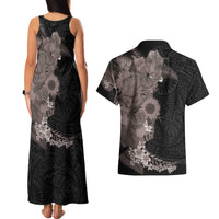 Hawaiian Tropical Plants and Chameleon Couples Matching Tank Maxi Dress and Hawaiian Shirt Polynesian Art Grayscale LT03 - Polynesian Pride