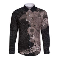 Hawaiian Tropical Plants and Chameleon Long Sleeve Button Shirt Polynesian Art Grayscale LT03 Unisex Black - Polynesian Pride