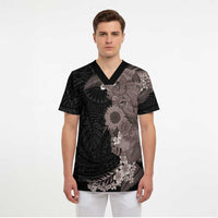 Hawaiian Tropical Plants and Chameleon Scrub Top Polynesian Art Grayscale - Polynesian Pride