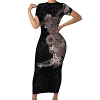 Hawaiian Tropical Plants and Chameleon Short Sleeve Bodycon Dress Polynesian Art Grayscale - Polynesian Pride