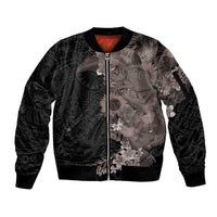 Hawaiian Tropical Plants and Chameleon Sleeve Zip Bomber Jacket Polynesian Art Grayscale - Polynesian Pride