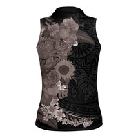 Hawaiian Tropical Plants and Chameleon Women Sleeveless Polo Shirt Polynesian Art Grayscale - Polynesian Pride