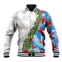 Hawaiian Tropical Flowers and Leaves Baseball Jacket on Leopard Pattern Half Style White-Blue Version LT03 Unisex White - Polynesian Pride