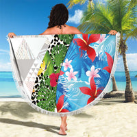Hawaiian Tropical Flowers and Leaves Beach Blanket on Leopard Pattern Half Style White-Blue Version LT03 - Polynesian Pride