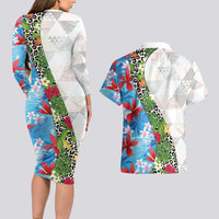 Hawaiian Tropical Flowers and Leaves Couples Matching Long Sleeve Bodycon Dress and Hawaiian Shirt on Leopard Pattern Half Style White-Blue Version LT03 - Polynesian Pride