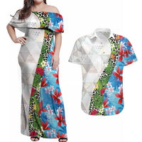Hawaiian Tropical Flowers and Leaves Couples Matching Off Shoulder Maxi Dress and Hawaiian Shirt on Leopard Pattern Half Style White-Blue Version LT03 White - Polynesian Pride