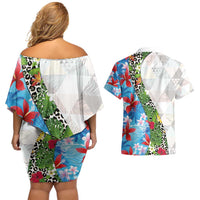 Hawaiian Tropical Flowers and Leaves Couples Matching Off Shoulder Short Dress and Hawaiian Shirt on Leopard Pattern Half Style White-Blue Version LT03 - Polynesian Pride