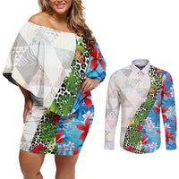 Hawaiian Tropical Flowers and Leaves Couples Matching Off Shoulder Short Dress and Long Sleeve Button Shirt on Leopard Pattern Half Style White-Blue Version LT03 White - Polynesian Pride