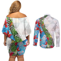 Hawaiian Tropical Flowers and Leaves Couples Matching Off Shoulder Short Dress and Long Sleeve Button Shirt on Leopard Pattern Half Style White-Blue Version LT03 - Polynesian Pride