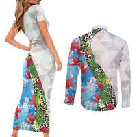 Hawaiian Tropical Flowers and Leaves Couples Matching Short Sleeve Bodycon Dress and Long Sleeve Button Shirt on Leopard Pattern Half Style White-Blue Version LT03 - Polynesian Pride