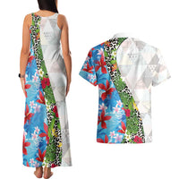 Hawaiian Tropical Flowers and Leaves Couples Matching Tank Maxi Dress and Hawaiian Shirt on Leopard Pattern Half Style White-Blue Version LT03 - Polynesian Pride