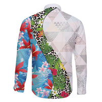 Hawaiian Tropical Flowers and Leaves Family Matching Mermaid Dress and Hawaiian Shirt on Leopard Pattern Half Style White-Blue Version - Polynesian Pride