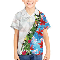 Hawaiian Tropical Flowers and Leaves Family Matching Off Shoulder Short Dress and Hawaiian Shirt on Leopard Pattern Half Style White-Blue Version - Polynesian Pride