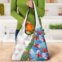 Hawaiian Tropical Flowers and Leaves Grocery Bag on Leopard Pattern Half Style White-Blue Version LT03 - Polynesian Pride