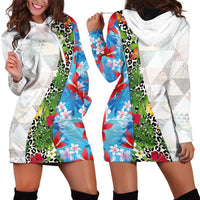Hawaiian Tropical Flowers and Leaves Hoodie Dress on Leopard Pattern Half Style White-Blue Version - Polynesian Pride