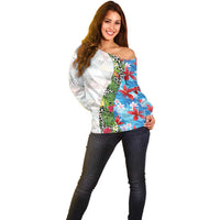Hawaiian Tropical Flowers and Leaves Off Shoulder Sweater on Leopard Pattern Half Style White-Blue Version - Polynesian Pride