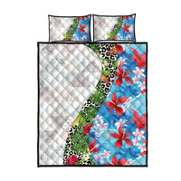 Hawaiian Tropical Flowers and Leaves Quilt Bed Set on Leopard Pattern Half Style White-Blue Version - Polynesian Pride