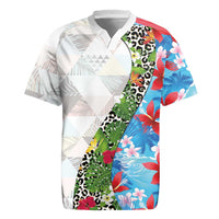 Hawaiian Tropical Flowers and Leaves Rugby Jersey on Leopard Pattern Half Style White-Blue Version LT03 White - Polynesian Pride