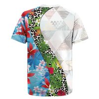 Hawaiian Tropical Flowers and Leaves Rugby Jersey on Leopard Pattern Half Style White-Blue Version LT03 - Polynesian Pride