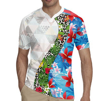 Hawaiian Tropical Flowers and Leaves Rugby Jersey on Leopard Pattern Half Style White-Blue Version LT03 - Polynesian Pride