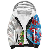Hawaiian Tropical Flowers and Leaves Sherpa Hoodie on Leopard Pattern Half Style White-Blue Version LT03 Unisex White - Polynesian Pride