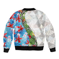 Hawaiian Tropical Flowers and Leaves Sleeve Zip Bomber Jacket on Leopard Pattern Half Style White-Blue Version - Polynesian Pride