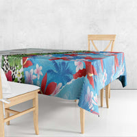 Hawaiian Tropical Flowers and Leaves Tablecloth on Leopard Pattern Half Style White-Blue Version LT03 - Polynesian Pride