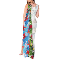 Hawaiian Tropical Flowers and Leaves Tank Maxi Dress on Leopard Pattern Half Style White-Blue Version - Polynesian Pride