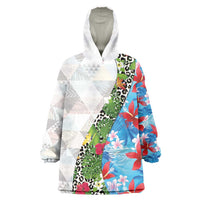 Hawaiian Tropical Flowers and Leaves Wearable Blanket Hoodie on Leopard Pattern Half Style White-Blue Version LT03 One Size White - Polynesian Pride