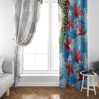 Hawaiian Tropical Flowers and Leaves Window Curtain on Leopard Pattern Half Style White-Blue Version - Polynesian Pride