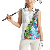Hawaiian Tropical Flowers and Leaves Women Sleeveless Polo Shirt on Leopard Pattern Half Style White-Blue Version - Polynesian Pride